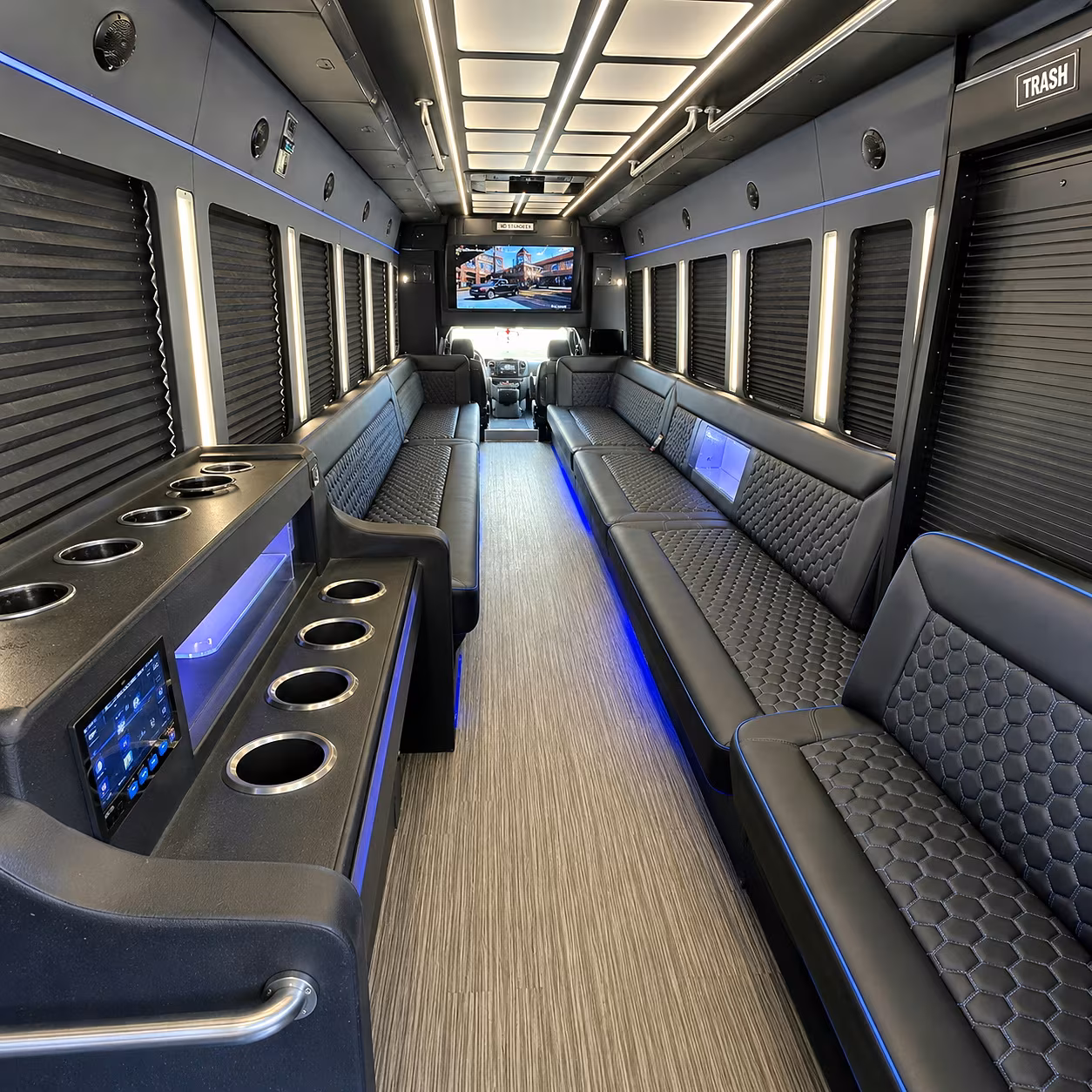 Interior of a party bus rental serving Kansas City